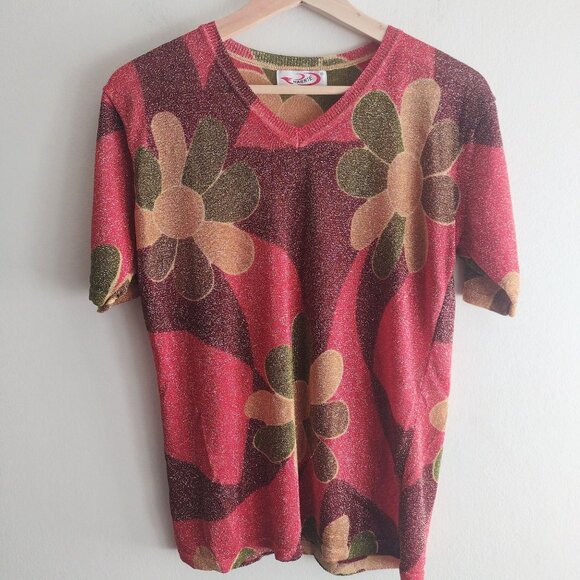 Vintage 90s Maierte Metallic Floral Top M Psychedelic Baby Tee Y2K - Picture 9 of 9